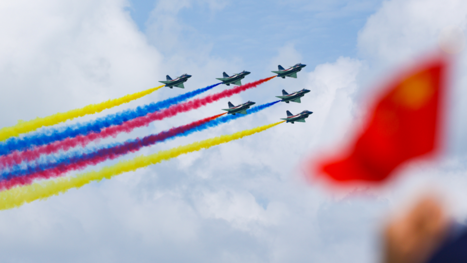 J-10 fighters of Bayi Aerobatic Team perform aerobatic flight