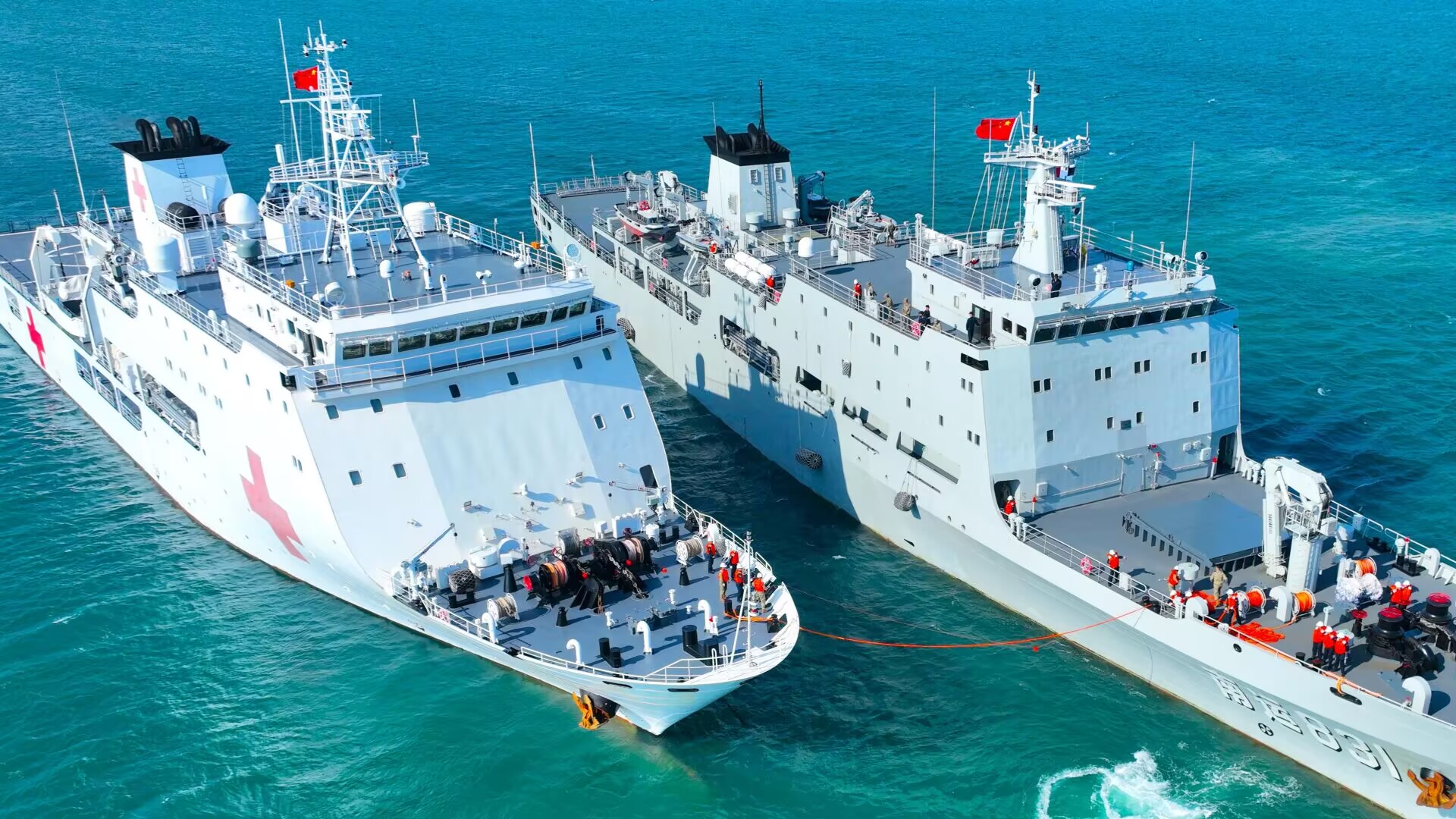 Naval vessels in replenishment-at-sea training