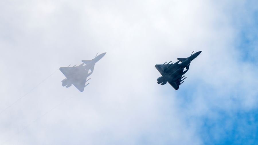 J-10 multi-role fighter jets fly in pairs