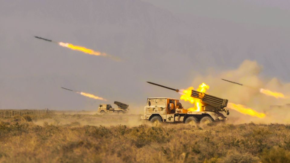 Multiple launch rocket systems fire in group